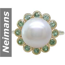 10.0 MM Akoya Pearl & Green Sapphire Ring 14kt Gold