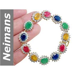 29.40 ct Blue, Yellow Sapphire, Emerald, Ruby & Diamond Bracelet 14kt Gold