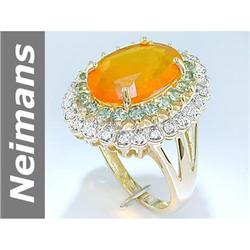 5.41 ct Fire Opal & Green Sapphire & Diamond Ring 14kt Gold