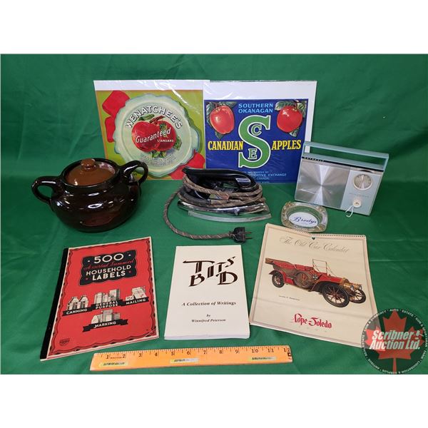 Collector Combo: Bean Pot, Apple Box Labels, Transistor Radio, Iron, Ashtray, etc! (SEE PICS!)