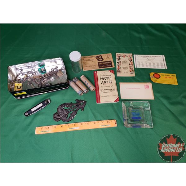 Collector Combo : Variety Keys, 3 Rolls Canada Nickels, Jack Knife, Farmers Pocket Ledger, Ashtray, 