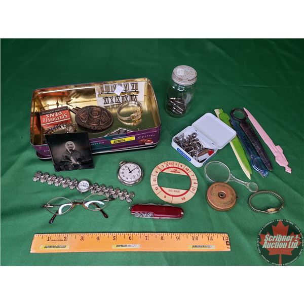 Collector Combo : Pocket Watch, Pen Tips, Skelton Keys, Utility Knife, Belt Buckle, Measuring Tape, 