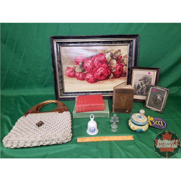 Collector Combo: Framed Roses Print, Woven Wooden Handle Purse, Hard Cover Novels, Hand Bell, Trinke