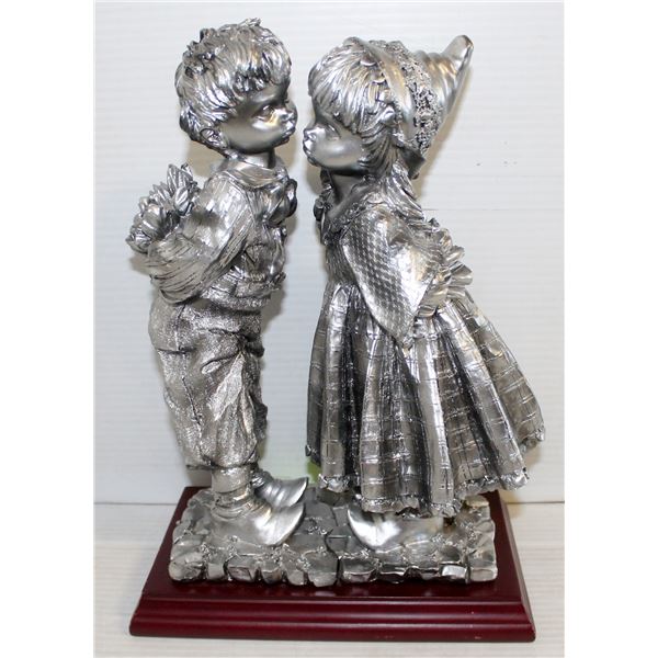 HEAVY PEWTER BOY AND GIRL STATUE ON WOOD BASE