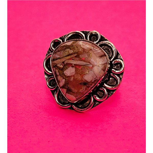 13)  NATURAL COPPER RHODOCHROSITE RING SET IN