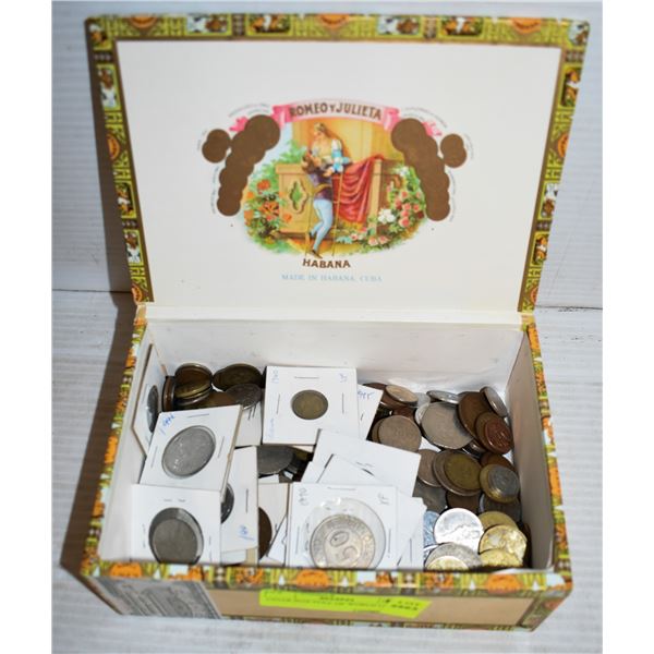 CIGAR BOX FULL OF WORLD COINS