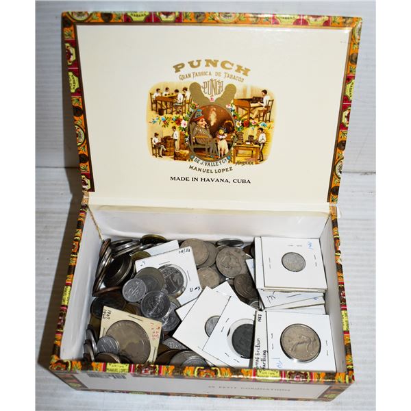 CIGAR BOX FULL OF WORLD COINS