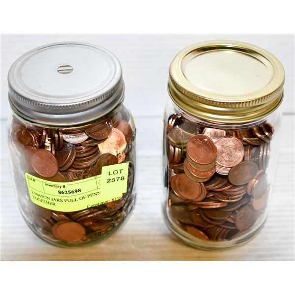 2 MASON JARS FULL OF PENNIES ALL TOGETHER