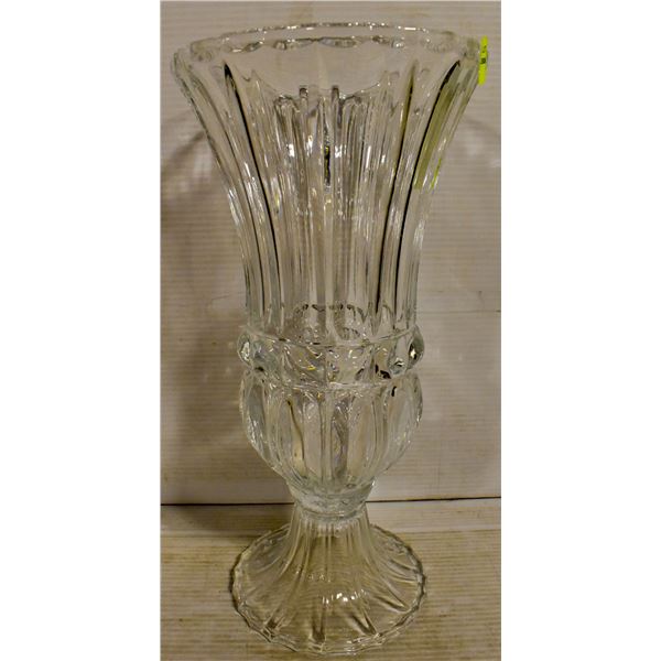 TALL DECORATIVE HEAVY GLASS PEDESTAL VASE -