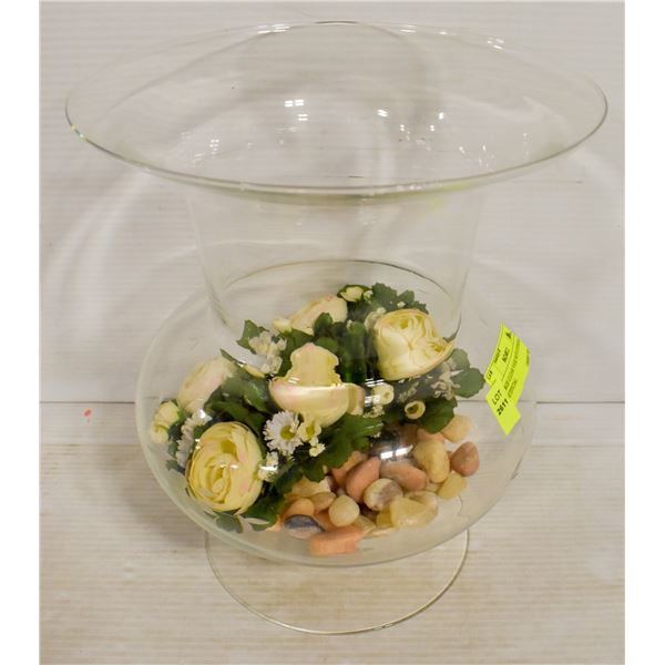 LARGE CLEAR VASE WITH STONES & ARTIFICIAL