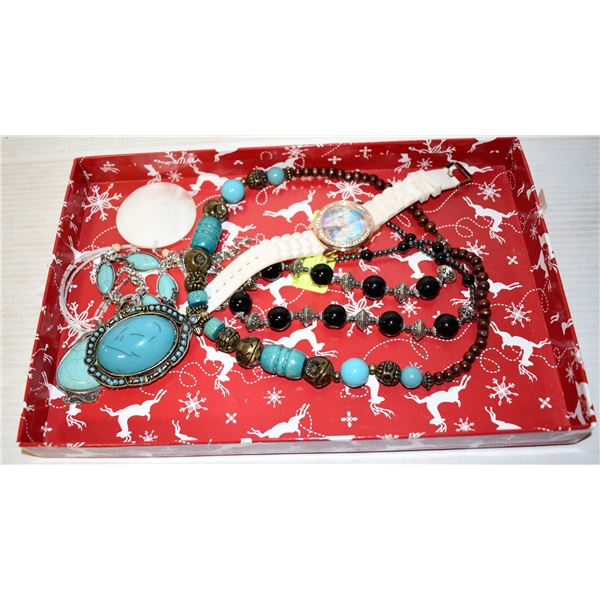 TURQOIUSE AND SHELL NECKLACES AND WATCH ALL TOGETH