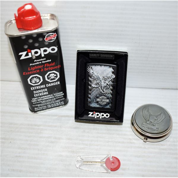 HARLEY DAVIDSON ZIPPO AND PORTABLE ASHTRAY