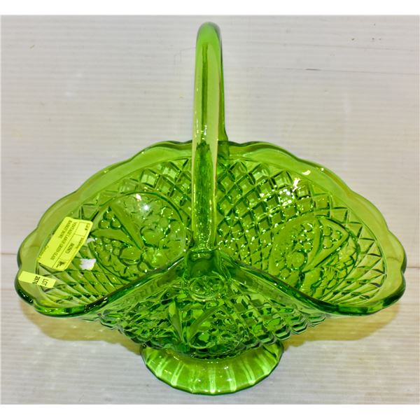 VINTAGE LARGE GREEN GLASS BASKET BOWL