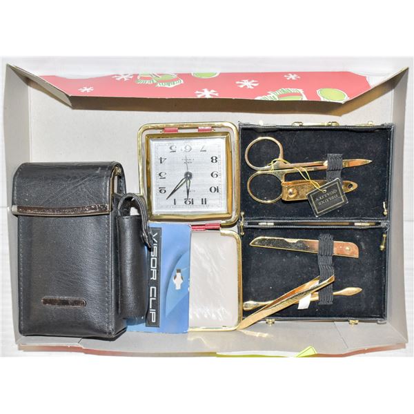 GOLD PLATED MANICURE SET, TRAVEL CLOCK,VISOR CLIP,