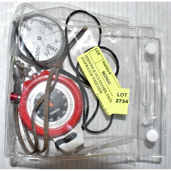 HERWINS & OLD ENAMEL FACE STOPWATCH TOGETHER