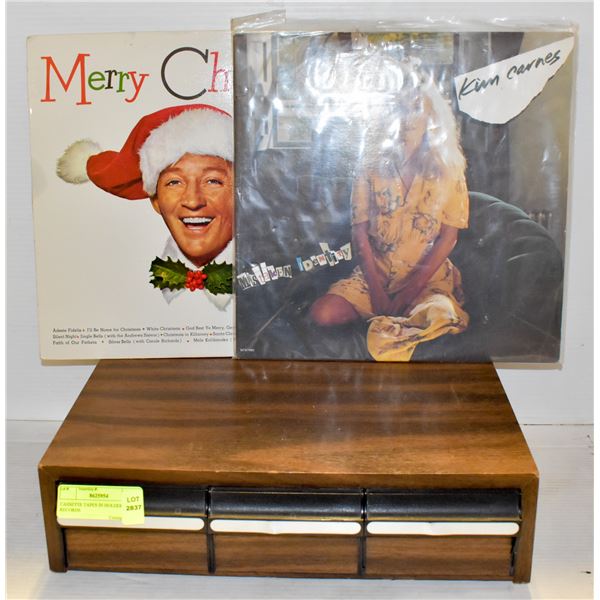 CASSETTE TAPES IN HOLDER W/ 2 RECORDS