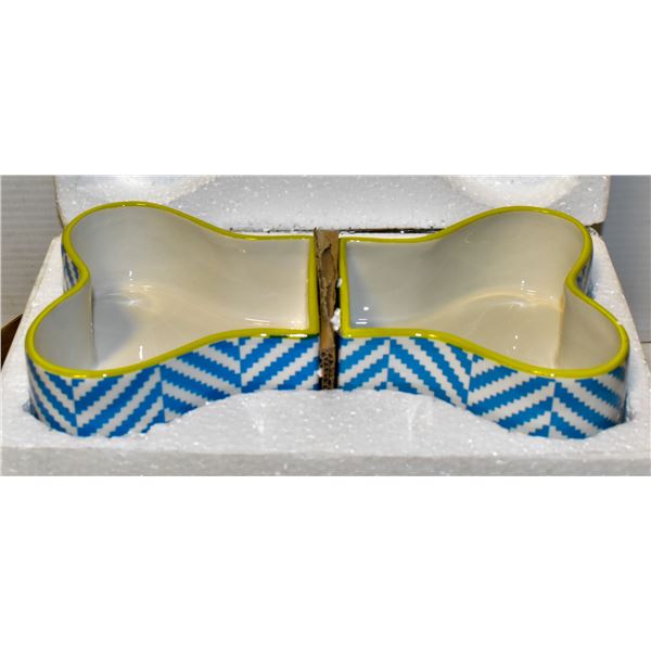 CERAMIC BONE SHAPED DOG BOWL SET NEW IN BOX.