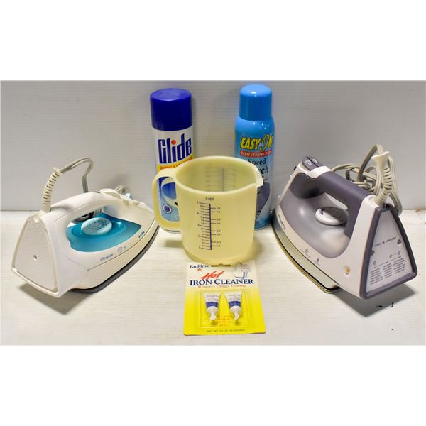 BOX WITH TWO IRONS AND NEW ACCESSORIES -