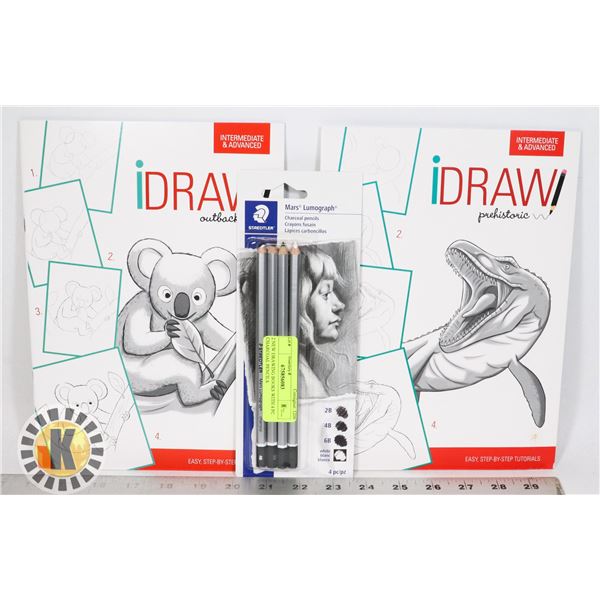 2 NEW DRAWING BOOKS WITH 4 PC CHARCOAL PENCILS