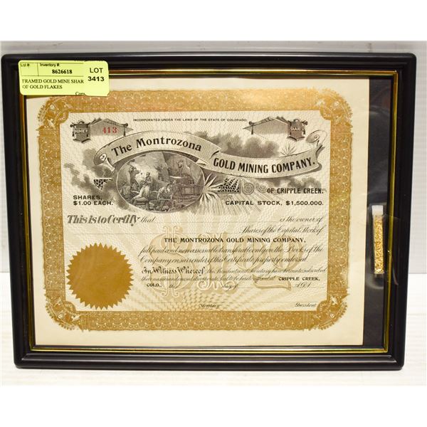 FRAMED GOLD MINE SHARE W/ VIAL OF GOLD FLAKES