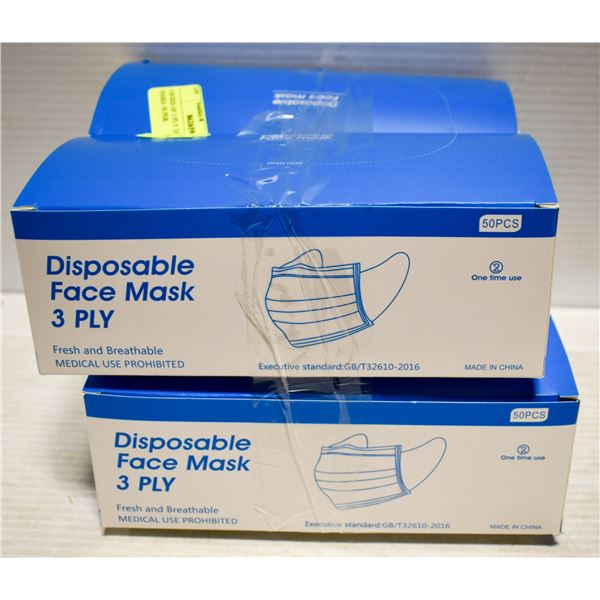 4 BOXES OF 3 PLY DISPOSABLE FACE MASKS- 50 PER