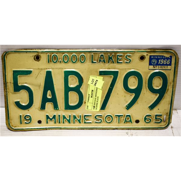 1966 VINTAGE MINNESSOTA LICENSE PLATE