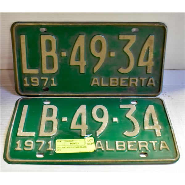 1971 VINTAGE LICENSE PLATES- SET OF 2