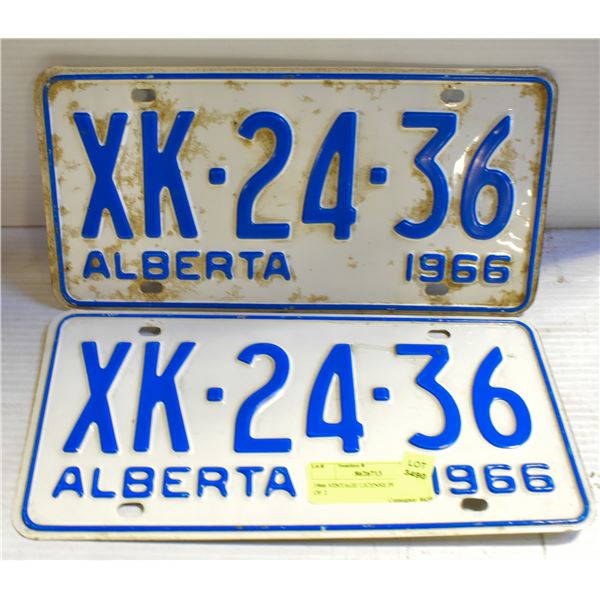 1966 VINTAGE LICENSE PLATES- SET OF 2