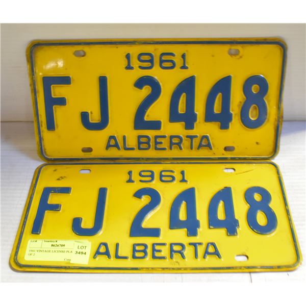 1961 VINTAGE LICENSE PLATES- SET OF 2
