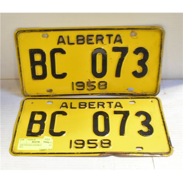 1958 VINTAGE LICENSE PLATES- SET OF 2
