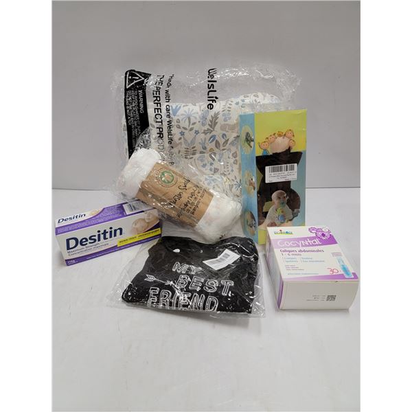 NEW BABY ITEM LOT: INCLUDES ONSIE, PILLOW, SWADDLE