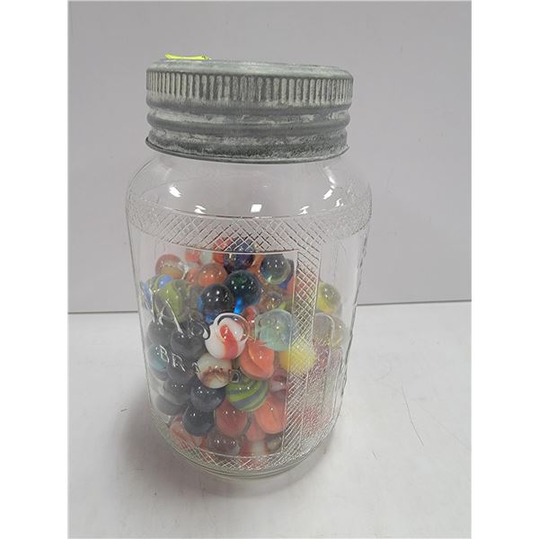 ANTIQUE NABOB JAR WITH ASSORTED MARBLES