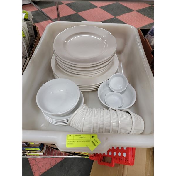 DISH TRAY WITH ASSORTED WHITE DISHES