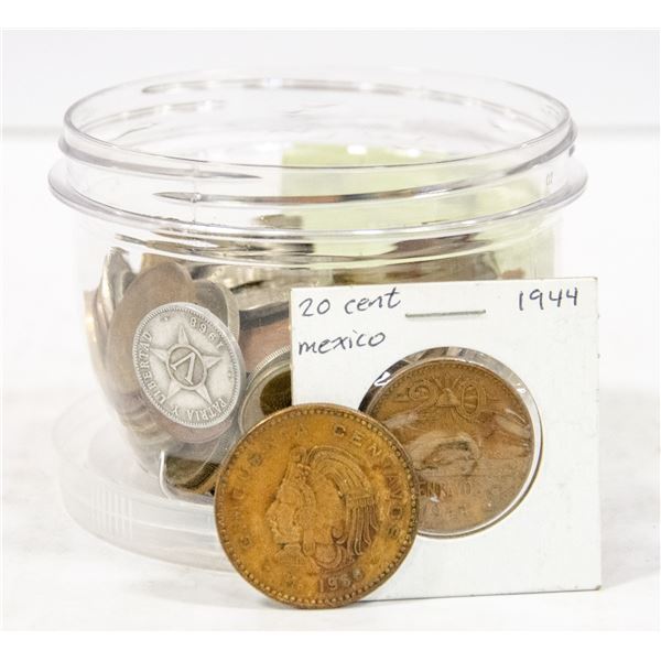 JAR OF SOUTH AMERICAN + CARIBBEAN COINS
