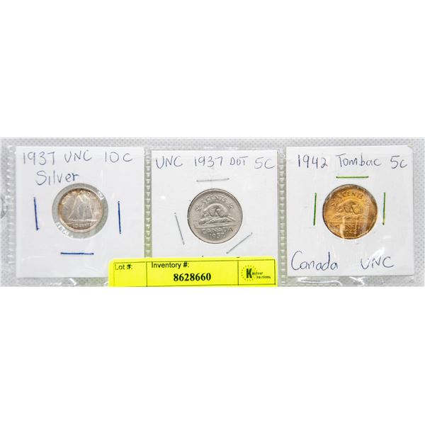 1937 DOT, 1942 TOMBAC 5C, 1937 UNCIRCULATED SILVER