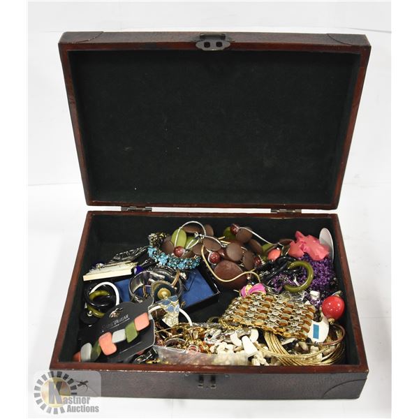 OLD JEWELRY BOX FILLED WITH MISC. VINTAGE JEWELRY