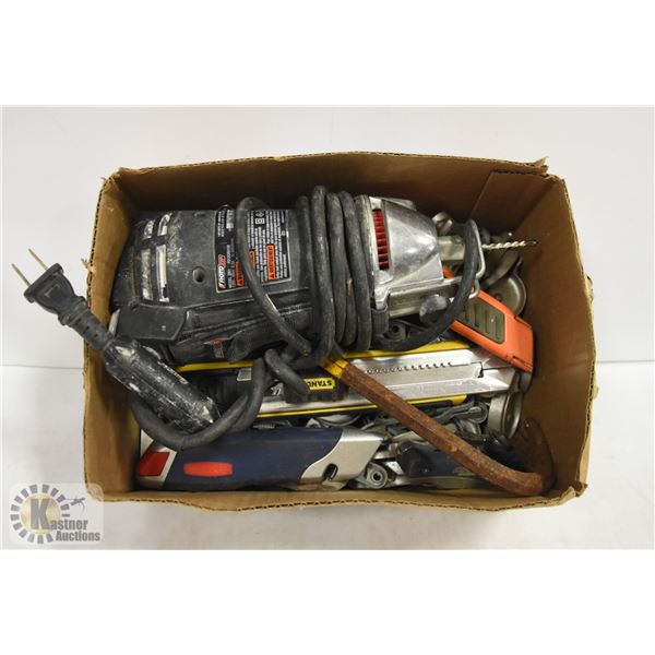 BOX OF DOOR LATCHES, UTILITY KNIFES, TOOLS ETC