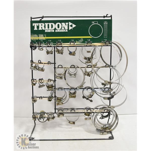 ASSORTMENT OF VARIOUS HOSE CLAMPS W/RACK