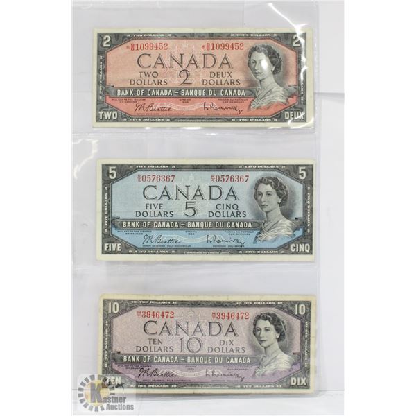 1954 CANADIAN $2, $5, $10 BILLS - SET OF 3