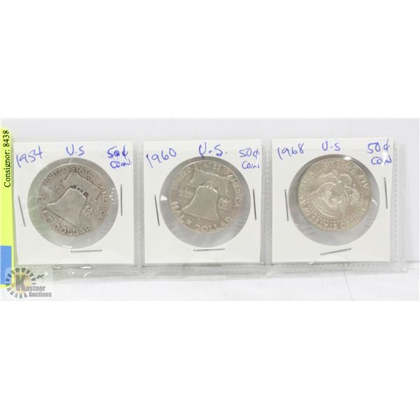 1954/60/68 U.S. 50 CENT COINS - SET OF 3