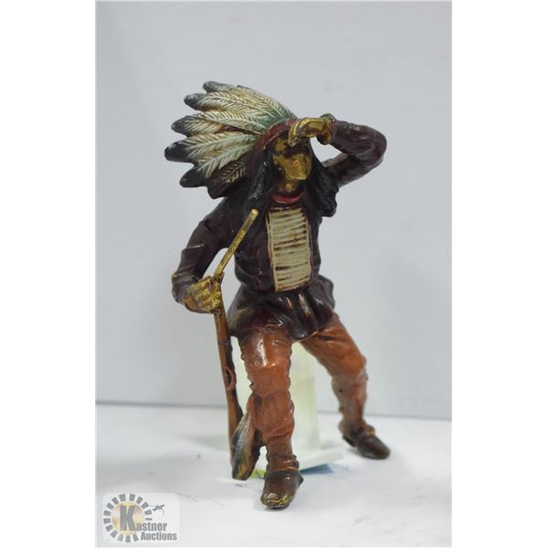 VINTAGE CAST IRON ABORIGINAL WARRIOR STATUE, 4.5"