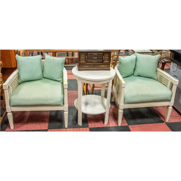 VINTAGE WOODEN CHAIRS + ROUND 2 TIER SIDE TABLE