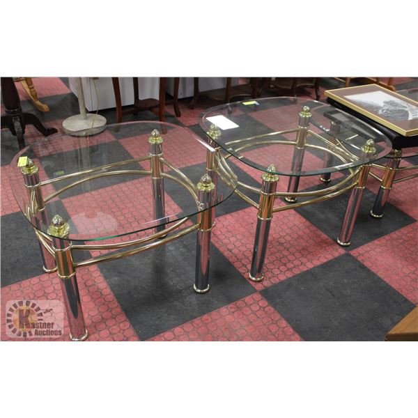 PAIR OF BRASS COLOURED END TABLES W/ GLASS TOPS