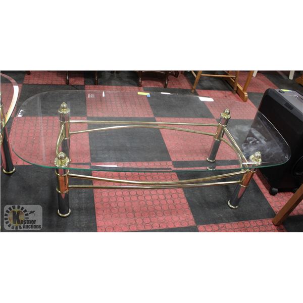 BRASS COLOURED COFFEE TABLE W/ GLASS TABLE TOP