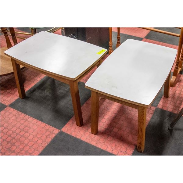 PAIR OF WOODEN SIDE TABLES W/ WHITE TOPS