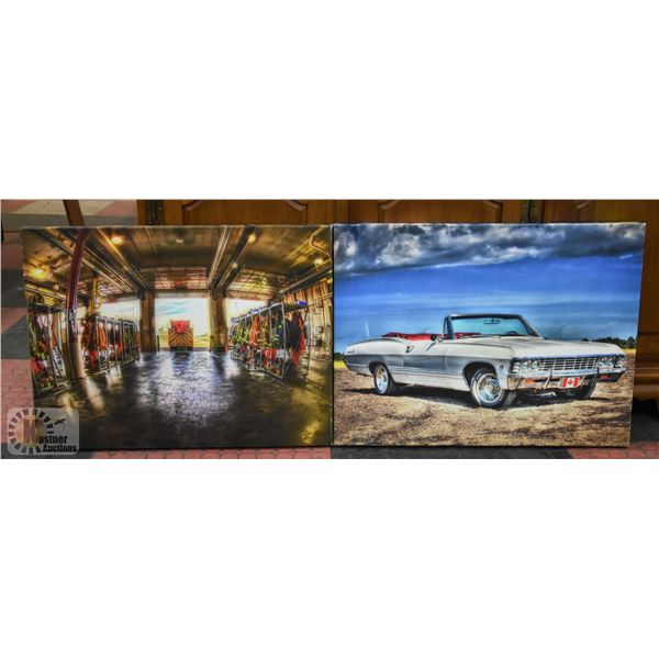 PAIR OF CANVAS PRINTS - FIREFIGHTER + VEHICLE