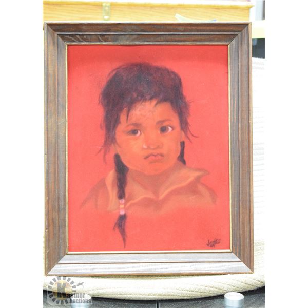 FRAMED ART ON FELT MATERIAL SIGNED JAMES 17" X 14"