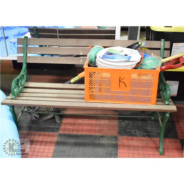 GARDEN BENCH WITH ASSORTED GARDEN TOOLS