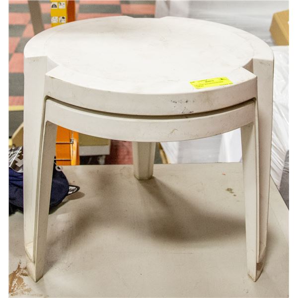 2 PLASTIC ROUND PATIO SIDE TABLES