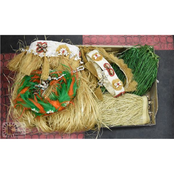 BOX LOT OF HAWAIIAN AUTHENTIC HULA SKIRTS/CROWNS